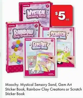 The Reject Shop Moochy mystical sensory sand, gem art sticker book, rainbow clay creations or scratch sticker book offer