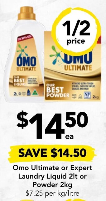 Drakes Omo Ultimate or Expert Laundry Liquid 2lt or Powder 2kg offer