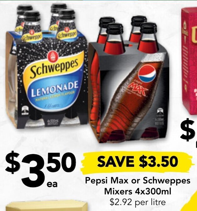 Pepsi Max or Schweppes Mixers 4x300ml offer at Drakes