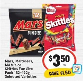 IGA Mars, Maltesers, M&M's or Skittles Fun Size Pack 132-192g offer