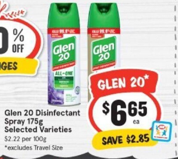 Glen 20 Disinfectant Spray 175g offer at IGA