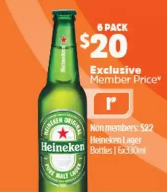 BWS Heineken Lager Bottles 6x330ml offer