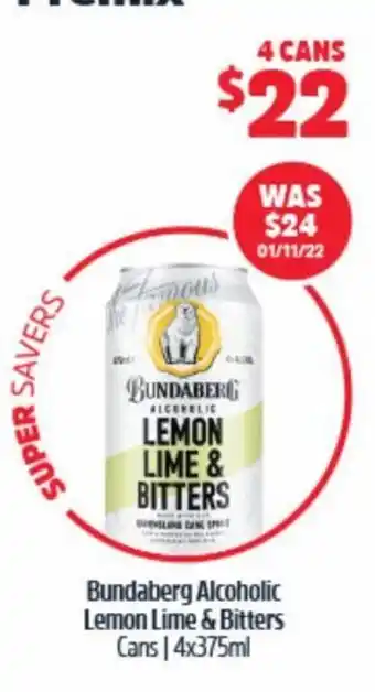 BWS Bundaberg Alcoholic Lemon Lime & Bitters 4x375ml offer