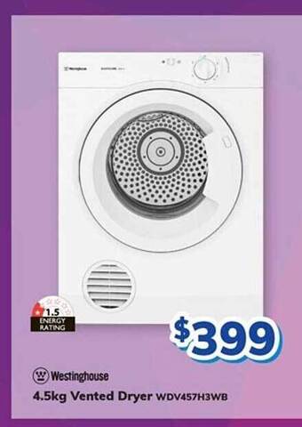 Bi-Rite Westinghouse 4.5kg vented dryer offer