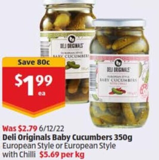 Deli Originals Baby Cucumber 350g offer at ALDI