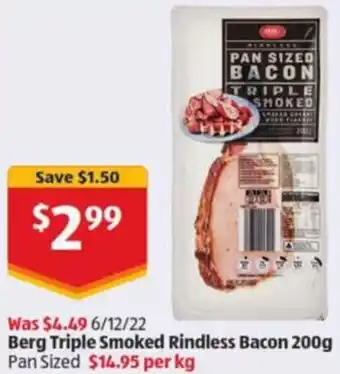 ALDI Berg Triple Smoke Rindless Bacon 200g offer