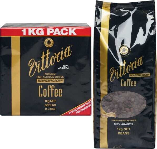 Vittoria mountain grown coffee beans or ground 1kg offer at Coles