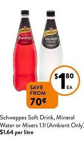 Foodworks Schweppes soft drink, mineral water or mixers offer