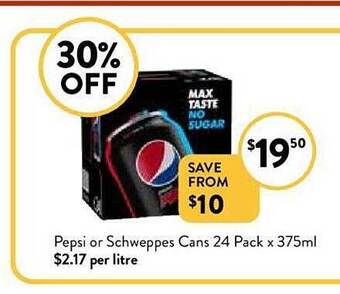 Foodworks Pepsi or schweppes cans offer