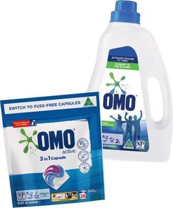 IGA Omo laundry liquid 2 litre, powder 2kg or capsule 28 pack selected varieties offer