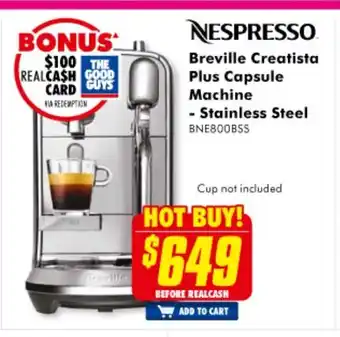 The Good Guys Nespresso - Breville Creatista Plus Capsule Machine - Stainless Steel - BNE800BSS offer