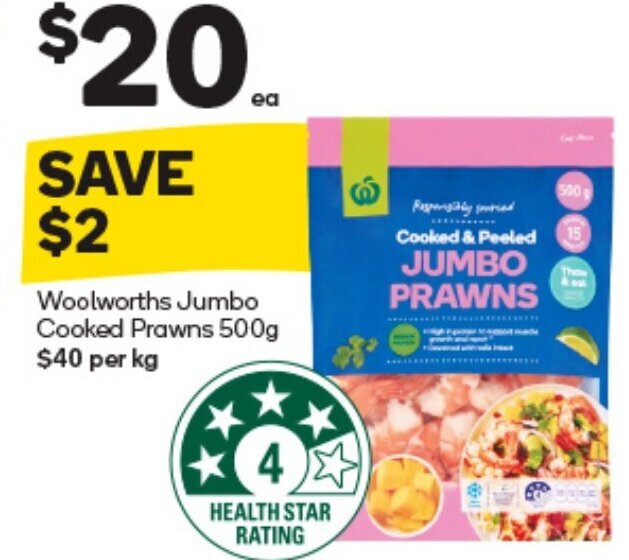 Woolworths Jumbo Cooked Prawns 500 g offer at Woolworths