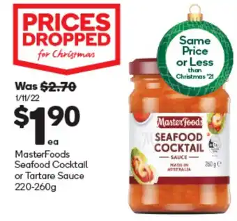 Woolworths MasterFoods Seafood Coocktail or Tartare Sauce 220-260 g offer