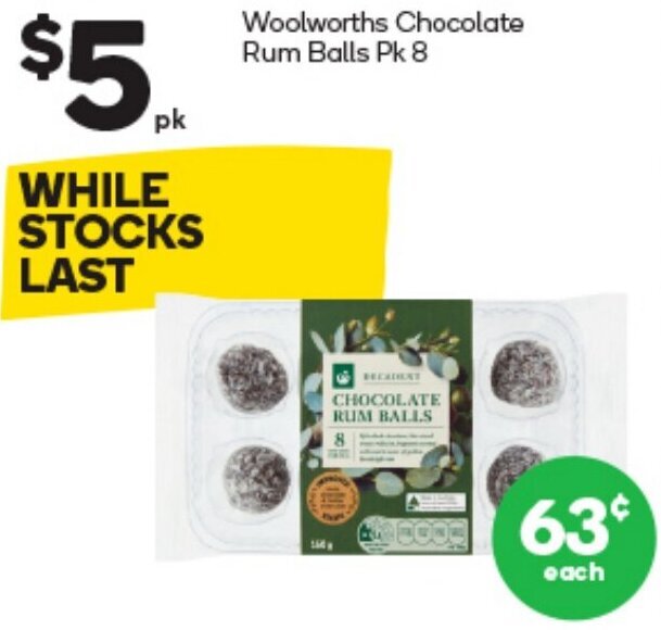Woolworths Chocolate Rum Balls Pk 8 offer at Woolworths