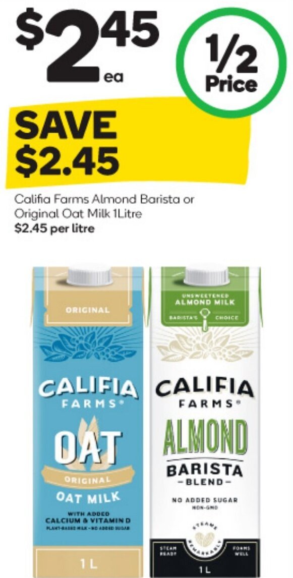 Califia Farms Almond Barista or Original Oat Milk 1 Litre offer at