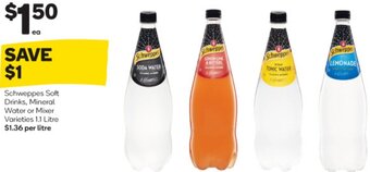 Schweppes Soft Drinks, Mineral Water or Mixer 1.1 Litre