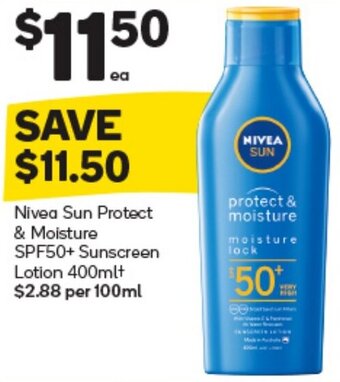 Woolworths Nivea Sun Protect & Moisture SPF50+ Sunscreen Lotion 400ml+ offer