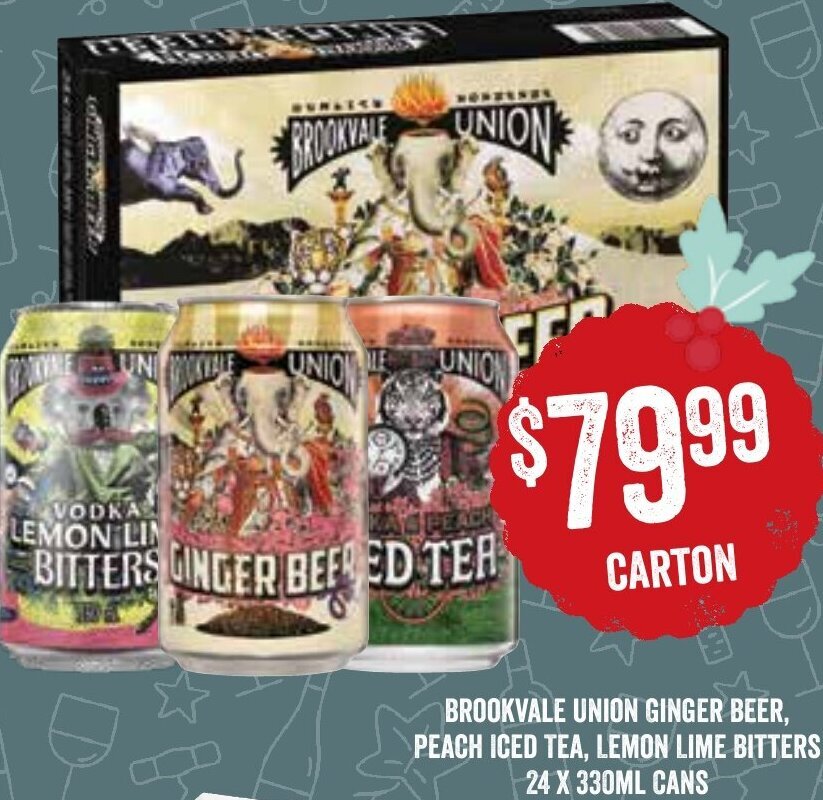 Brookvale Union Ginger Beer, Peach Ice Tea, Lemon Lime Bitters 24 x