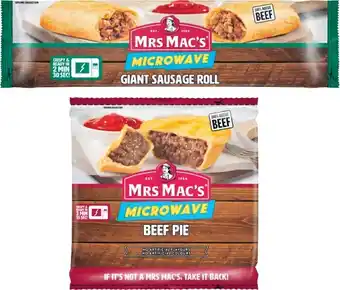 Coles Mrs Macu2019s Microwave Sausage Roll 175g or Beef Pie 175g offer