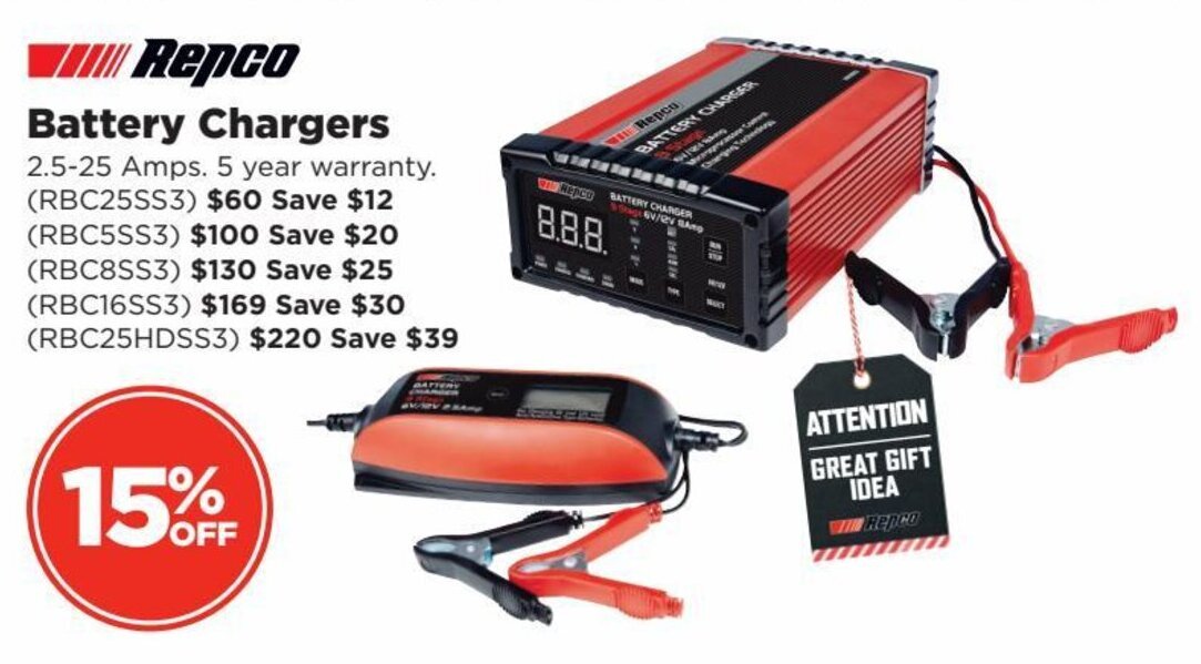 Repco Battery Chargers 2.525 Amps.5 warranty(RBC25HDSS3) offer at Repco