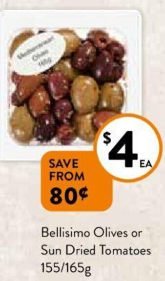 Foodworks Bellisimo Olives or Sun Dried Tomatoes 155/165g offer
