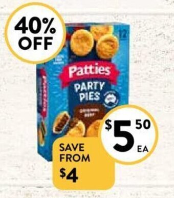 Foodworks Patties Party Pies, Sausage Rolls or Pasties 12 pack 450-560g offer