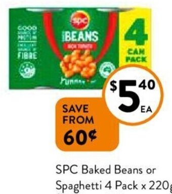 Foodworks SPC Baked Beans or Spaghetti 4 pack x 220g offer