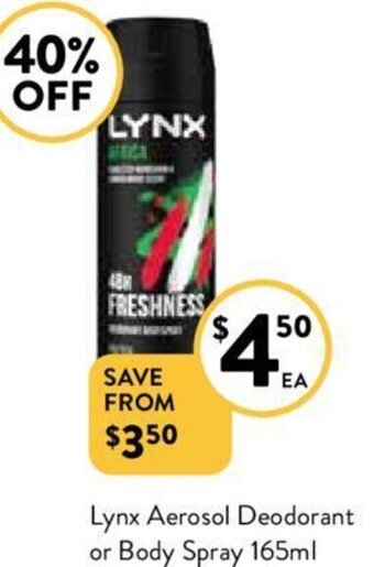 Foodworks Lynx Aerosol Deodorant or Body Spray 165ml offer