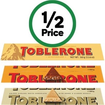 Woolworths Toblerone milk, orange or golden 360g offer