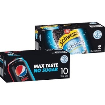 Woolworths Pepsi, solo, mountain dew or schweppes lemonade soft drink varieties 10 x 375ml offer
