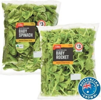 Coles Coles Australian Baby Spinach, Baby Rocket, Baby Spinach & Rocket or Butter Leaf Blend 120g Pack offer