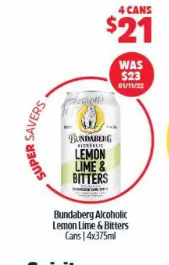 BWS Bundaberg alcoholic lemon lime & bitters offer