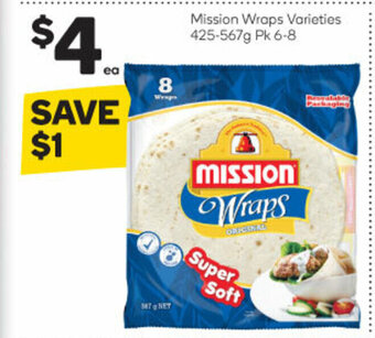 Woolworths Mission Wraps Varieties 425-567g Pk 6-8 offer