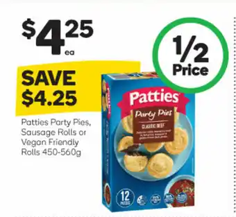 Woolworths Patties Party Pies, Sausage Rolls or Vegan Friendly Rolls 450-560g offer