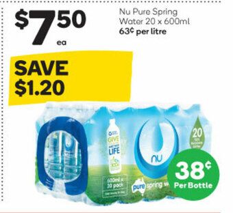 Woolworths Nu Pure Spring Water 20 x 600ml offer