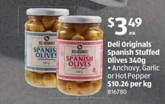 ALDI Deli originals spanish stuffed olives anchovy, garlic or hot pepper offer