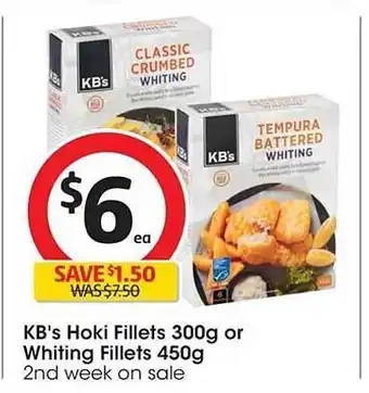 Coles Kb's hoki fillets 300 g or whiting fillets 450 g offer