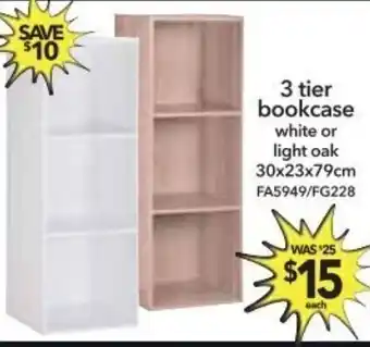 Cheap as Chips 3 Tier Bookcase White or Light Oak 30x23x79cm offer