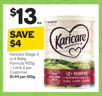 Woolworths Karicare Stage 3 or 4 Baby Formula 900g offer