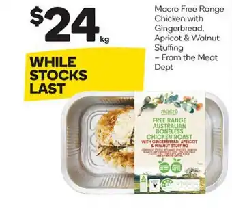 Macro free range chicken with gingerbread, apricto & walnut stuffing