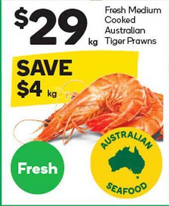 Woolworths Fresh medium cooked australian tiger prawns offer