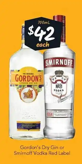 Cellarbrations Gordon's dry gin or smirnoff vodka red label offer