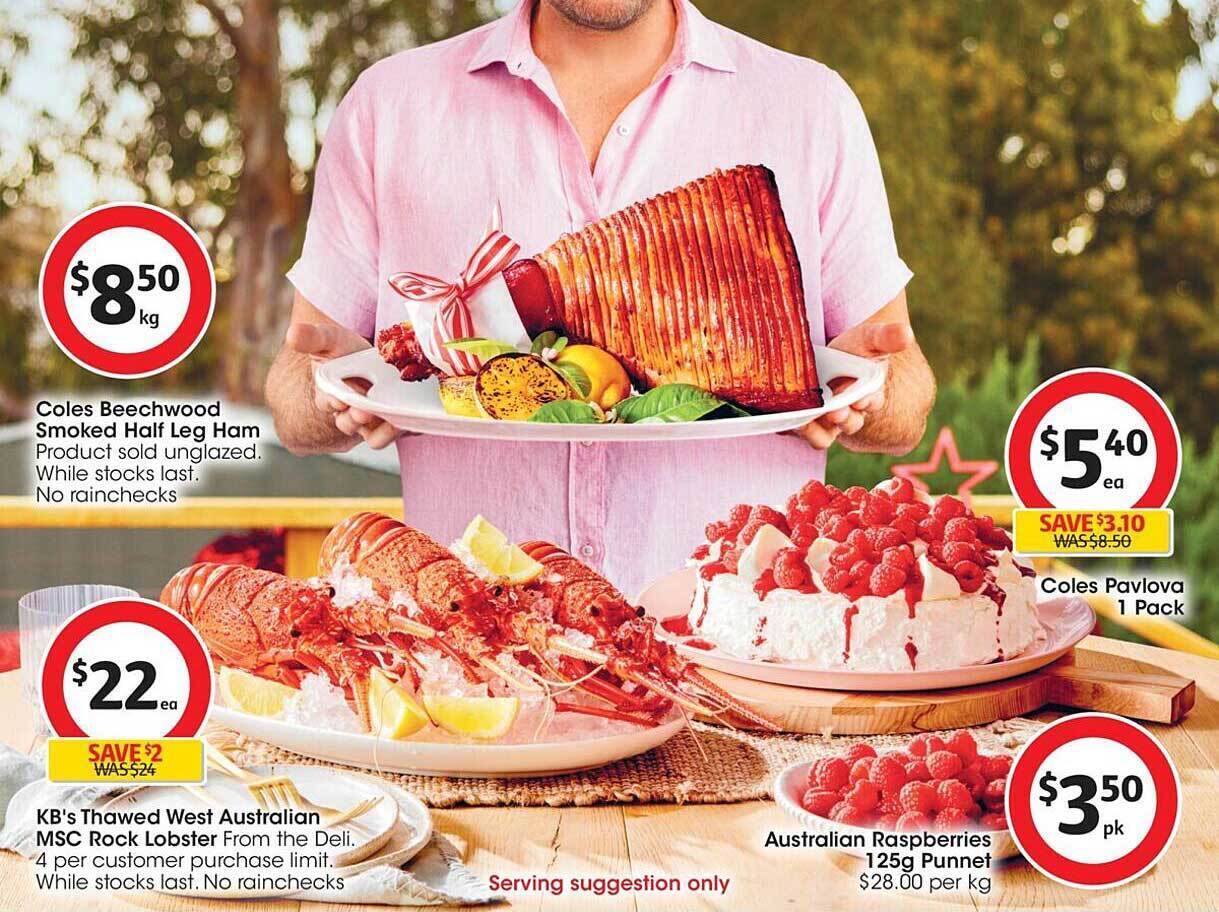 Coles beechwood smoked half leg ham, kb's thawed west australian msc