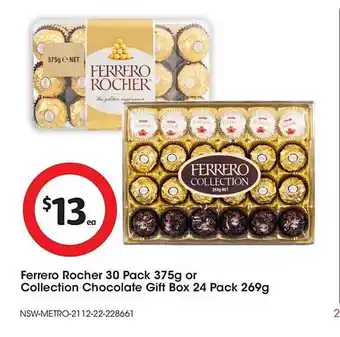Coles Ferrero rocher 30 pack 375 g or collection chocolate gift box 24 pack 269 g offer