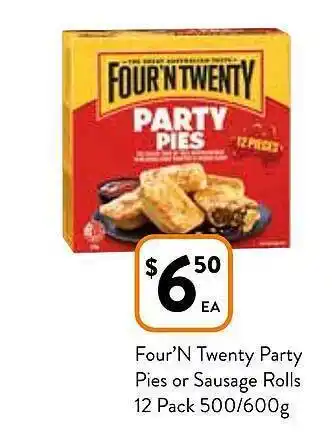Foodworks Four'n twenty party pies or sausage rolls 12 pack offer