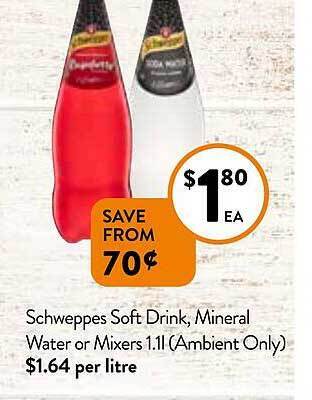 Foodworks Schweppes soft drink, mineral water or mixers 1.1l offer