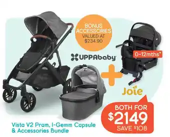 Baby Bunting Uppababy & joie vista v2 pram, i-gemm capsule & accessories bundle offer