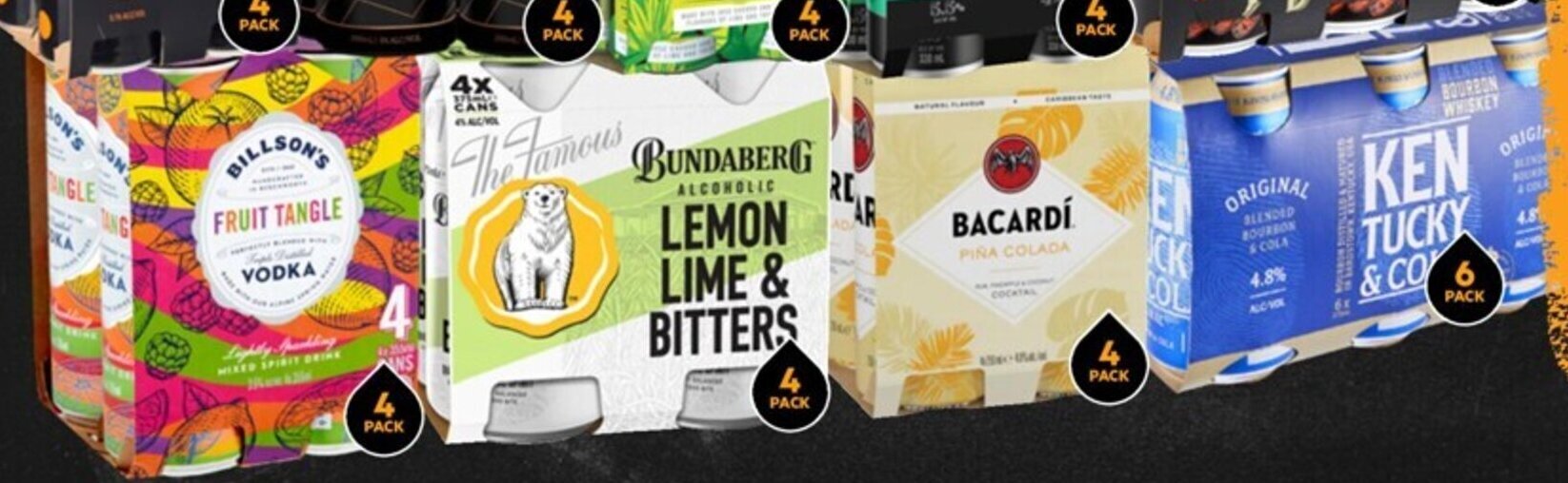 Billson's Fruit Tangle Vodka mixed drink cans, Bundaberg Lemon Lime