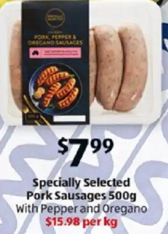 ALDI Specially Selected Pork Sausages 500g with pepper and oregano offer