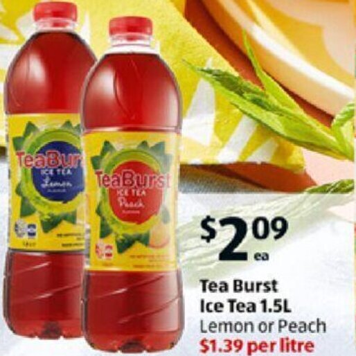 Tea Burst Ice Tea 1.5L Lemon or Peach offer at ALDI